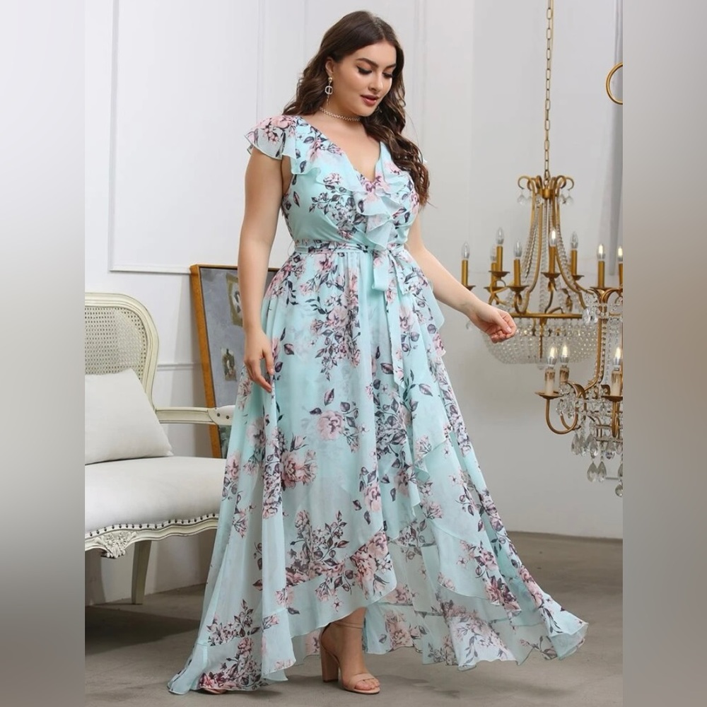 Belle Plus Floral Print Ruffle Trim Belted Dress